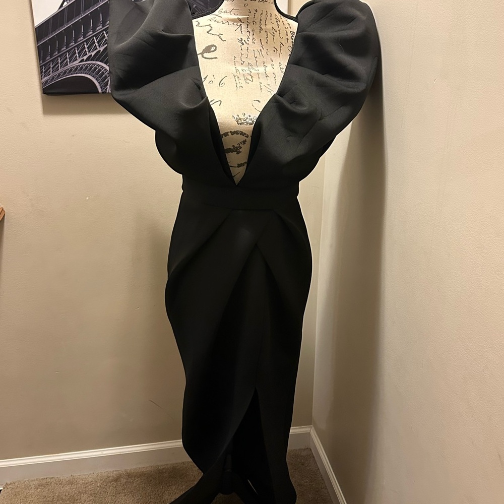 Black Ruffled Backless Cocktail Gown with Plunge Neckline